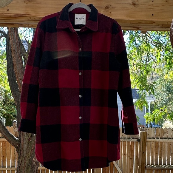 BB Dakota Anthropologie Eldridge Buffalo Plaid Jacket Shacket Dark Red Large - Picture 6 of 16